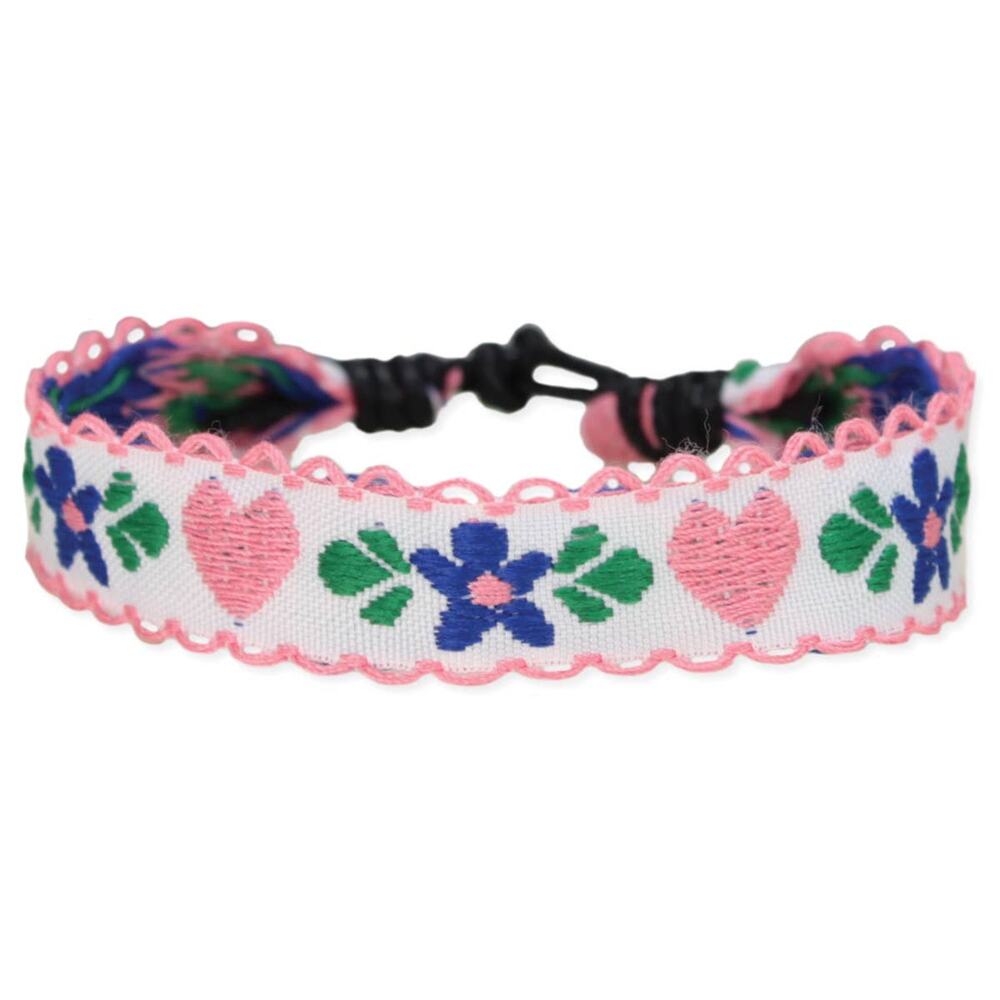 White Floral Embroidered Pull Bracelet Heart Flower Pink